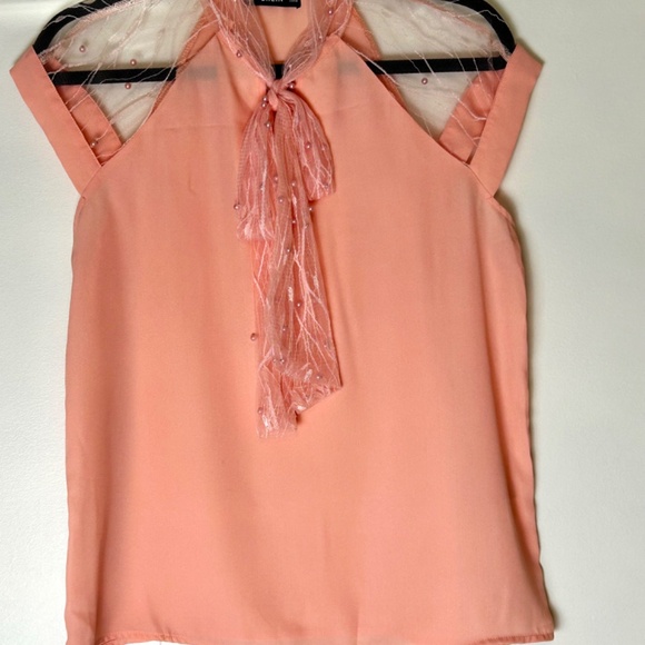 SHEIN Tops - SHEIN Chiffon and Pearl detailed Dressy Top, Short sleeve Chiffon Bow tie Blouse